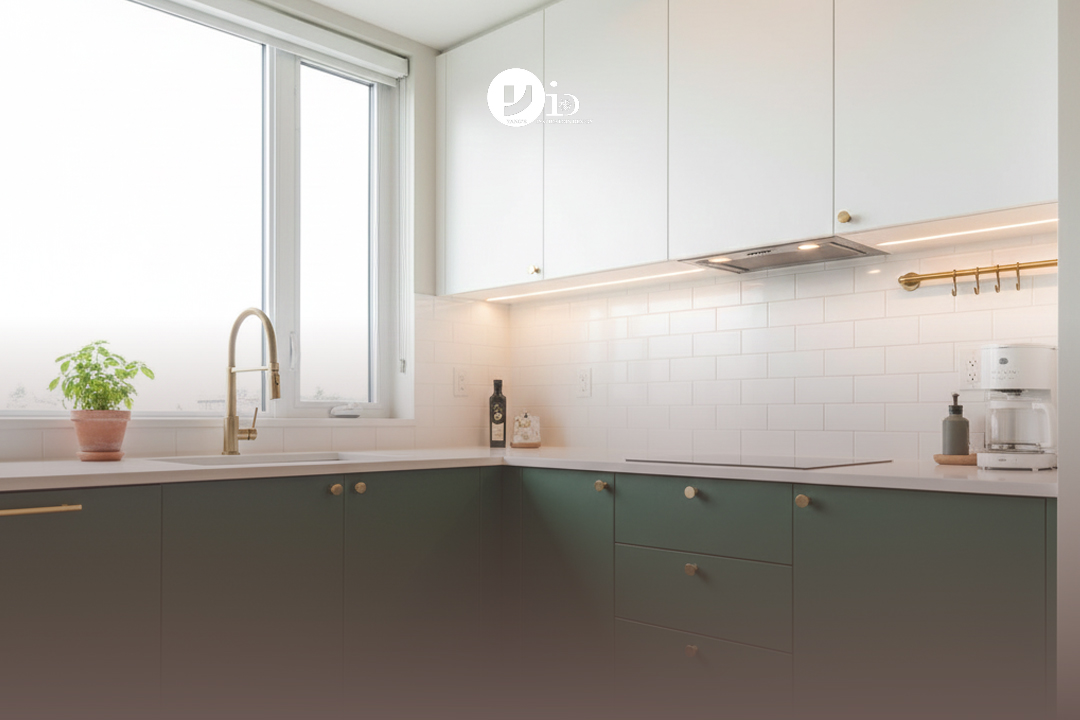 A chic two-tone condo kitchen with dark green lower cabinets and white upper cabinets.