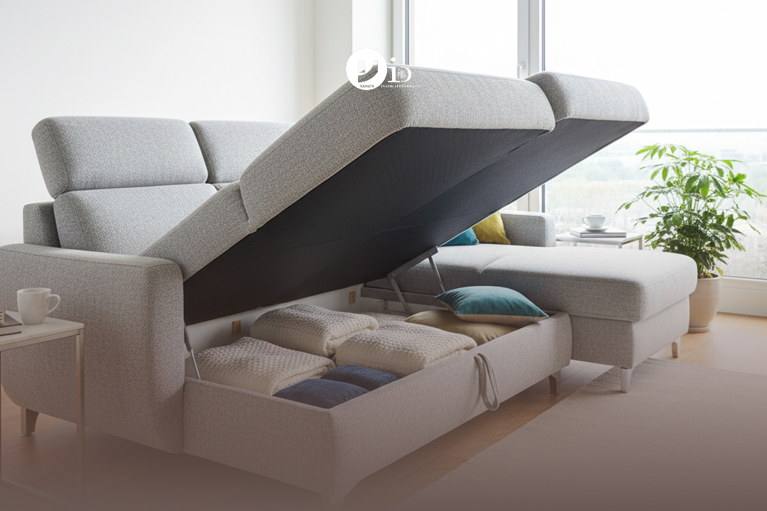 A stylish multi-functional sofa bed with hidden storage, demonstrating smart apartment interior design ideas for small spaces.