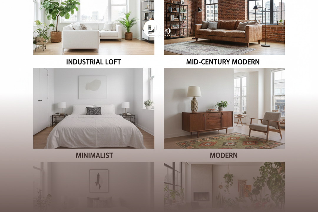 A collage showcasing popular apartment interior design ideas including Scandinavian, Industrial, and Mid-Century Modern styles.