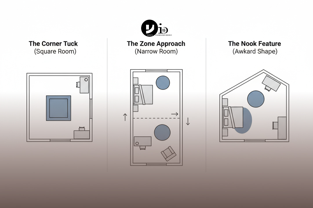 A diagram showing three small bedroom interior design layouts for square, narrow, and awkward-nook rooms.