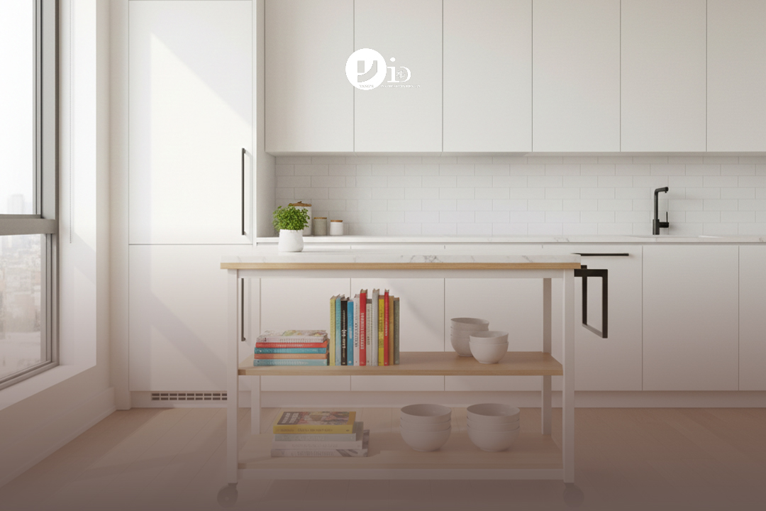 A slim, movable kitchen island with built-in storage, demonstrating a smart condo kitchen idea.