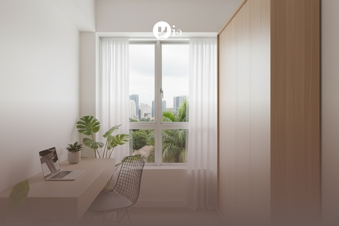 A multi-functional small bedroom interior design featuring a Murphy bed folded up to reveal a desk space.