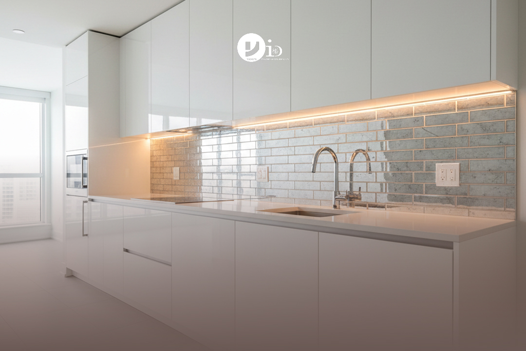 A bright white condo kitchen with high-gloss cabinets and a reflective backsplash to maximize light.