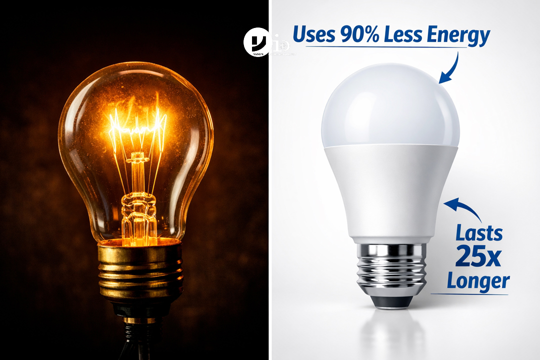 A visually appealing comparison of an old incandescent bulb next to a modern, sleek LED bulb, highlighting energy saving tips at home.