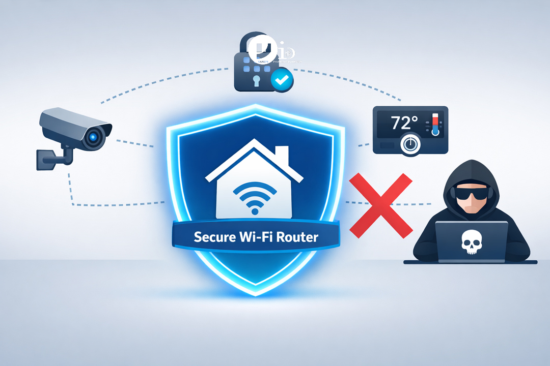 Smart Home Interior Design Features: The Ultimate 2026 Guide to a Tech-Infused Style 4 A graphic illustrating a secure home network with a firewall protecting smart home interior design features like cameras and locks.