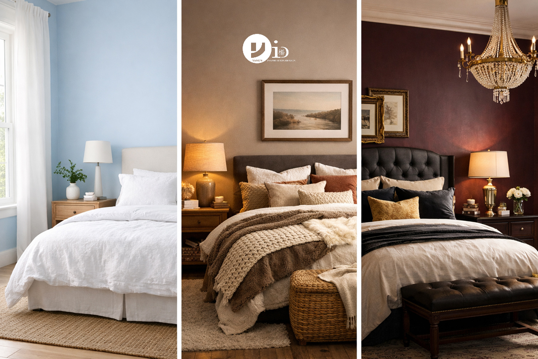 A triptych showing three different bedroom paint color moods: a calming blue bedroom, a cozy beige bedroom, and a romantic deep red accent wall bedroom.