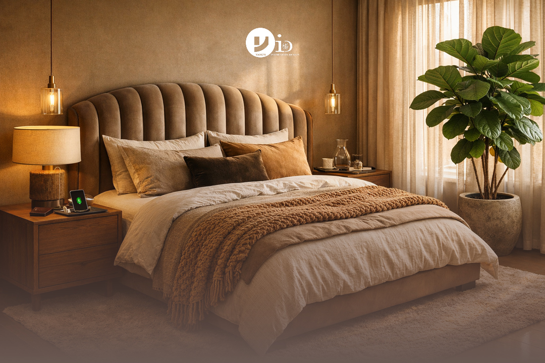 Master Bedroom Renovation Tips (2026 Trends & Pro Ideas) 2 Master bedroom renovation with 2026 trends, featuring earth tones, a curved velvet headboard, and discreet smart lighting.