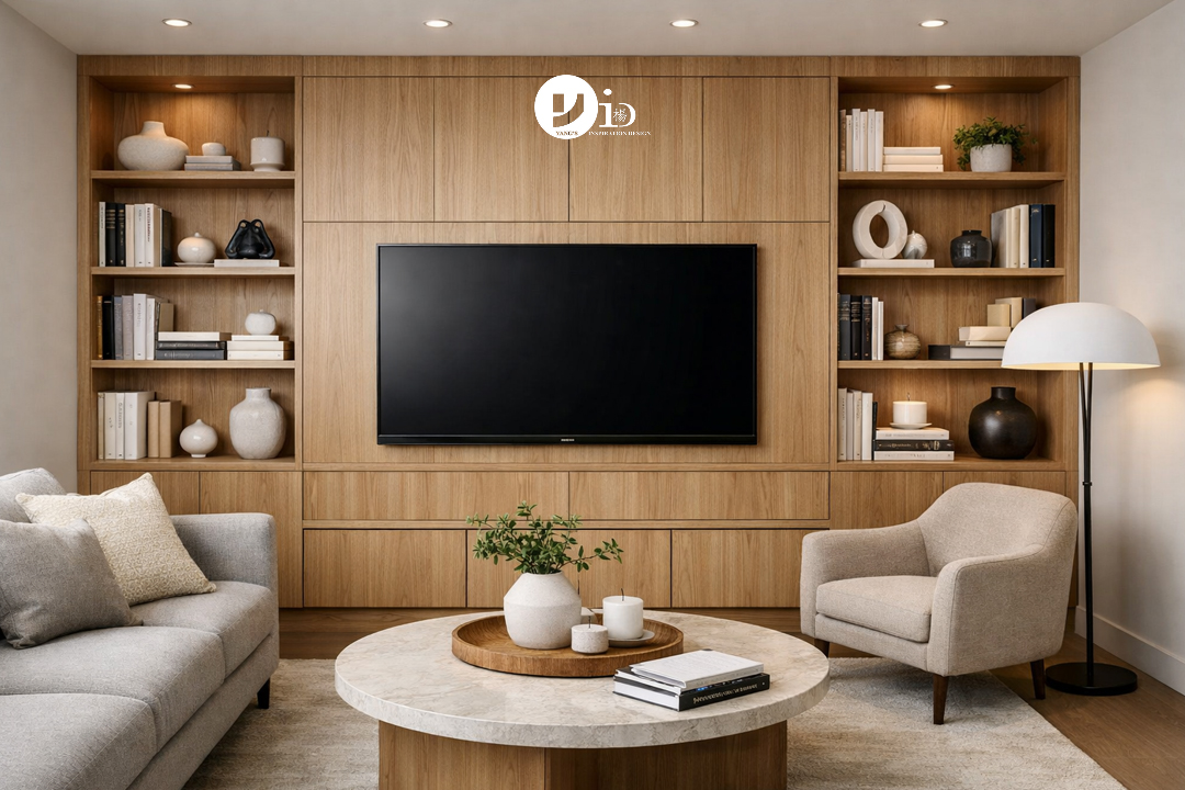 A stylish and functional living room designed by an interior designer, showcasing clever built-in storage.