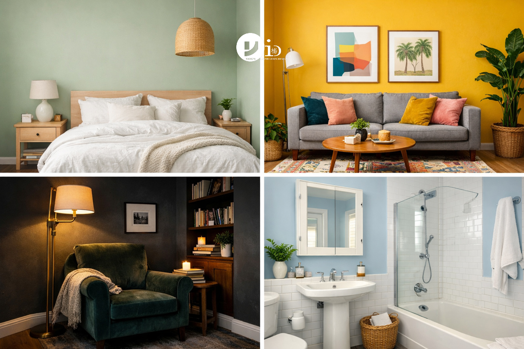 A collage showing how to choose paint colors for different room moods.