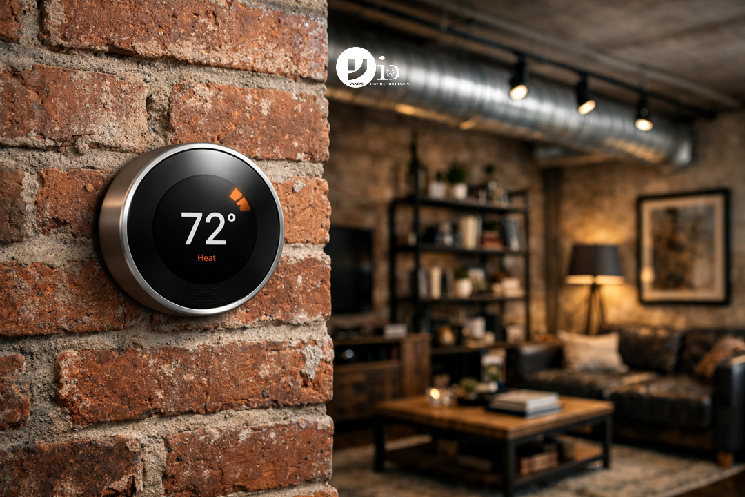 Smart Home Interior Design Features: The Ultimate 2026 Guide to a Tech-Infused Style 3 A stylish smart thermostat with a metallic finish mounted on an exposed brick wall in a modern industrial loft, an example of smart home interior design features.