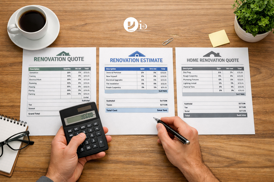 Tips for Working with a Contractor: From Hire to Final Pay 2 A homeowner carefully comparing three different contractor bids at a desk, highlighting key tips for working with a contractor.