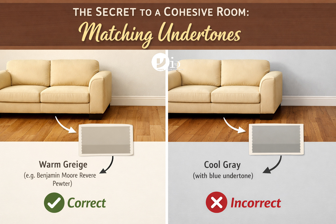 A design graphic explaining how to match bedroom paint color undertones with furniture.
