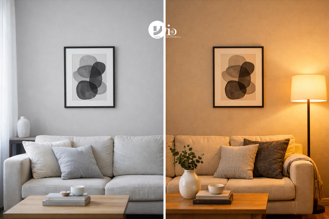 Comparison image showing how lighting affects choosing paint colors.
