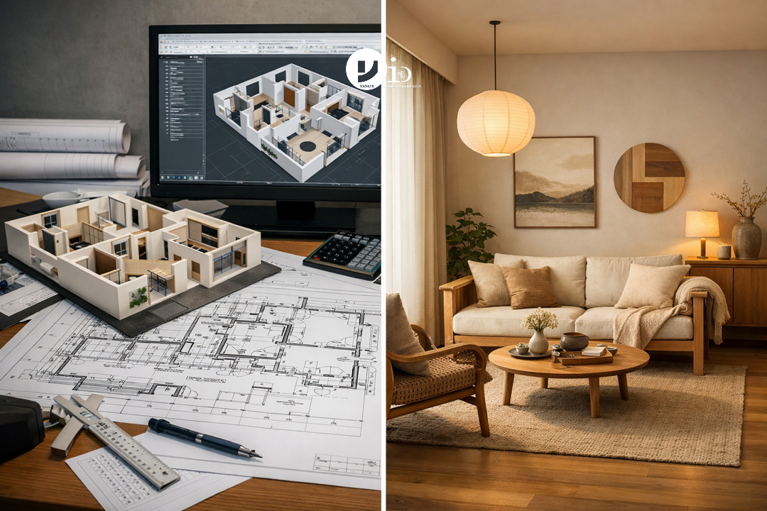 A split image contrasting the technical blueprints of interior design with a beautifully furnished room from interior decorating.