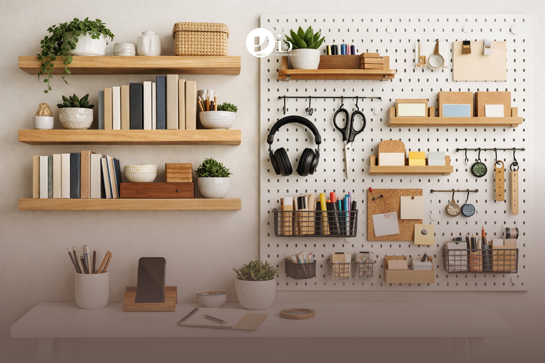How to Create a Multifunctional Space | Ultimate 2026 Guide 3 A home office nook in a multifunctional space utilizing vertical wall storage with floating shelves and a pegboard.