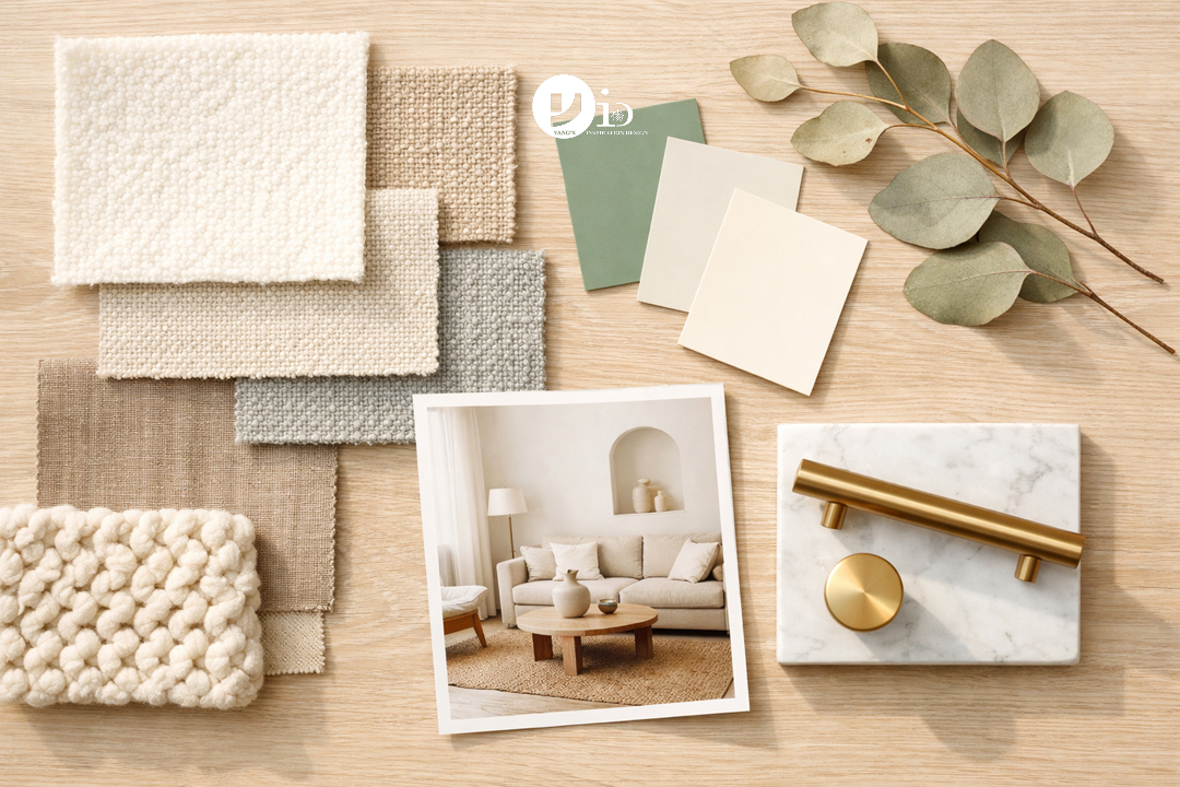 A well-organized interior design mood board showing fabric swatches, paint chips, and inspiration photos.