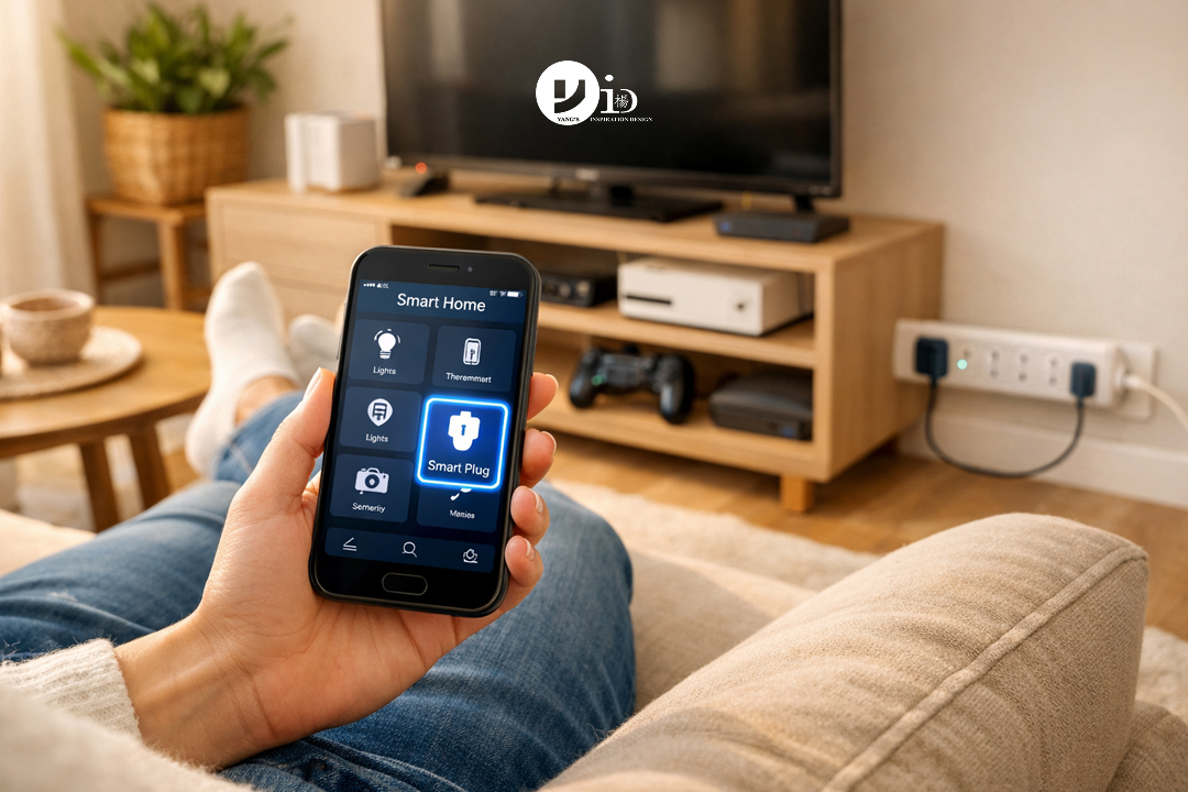 A lifestyle photo showcasing smart home technology as part of a modern living room's energy saving tips.