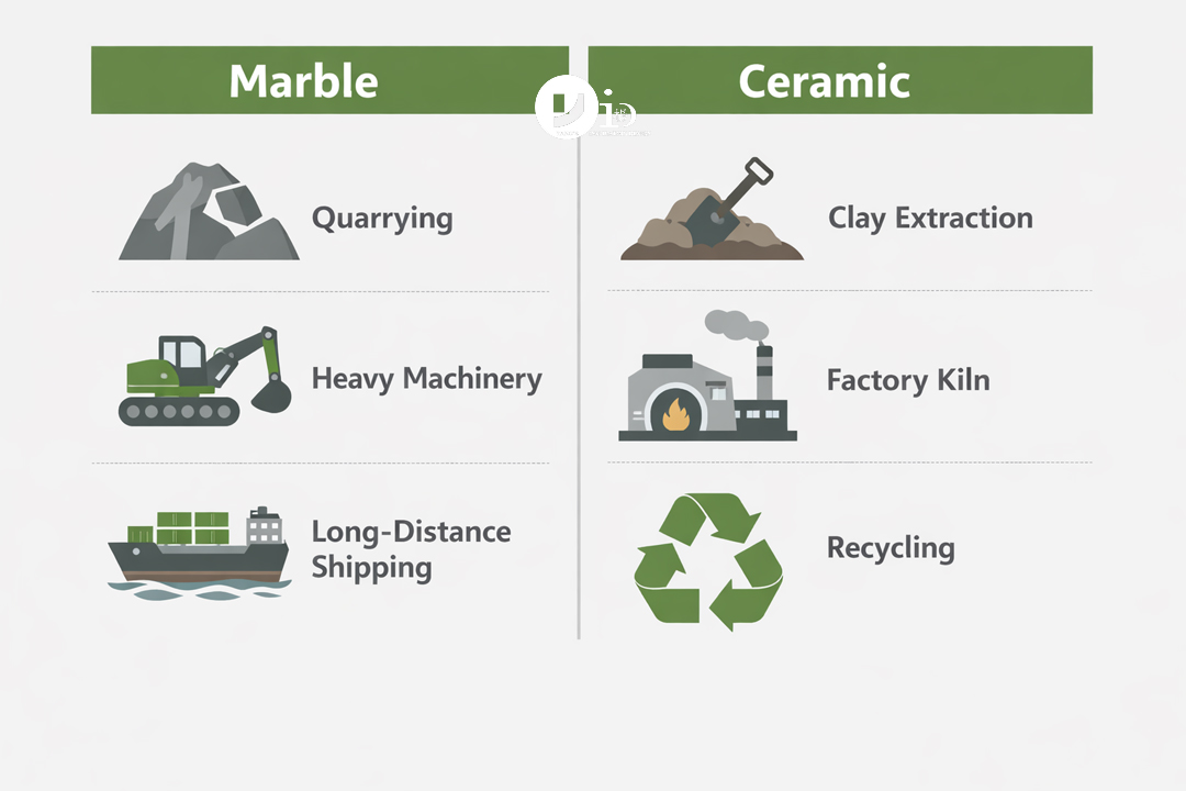 Ceramic vs Marble Floor Comparison | The Final Verdict (2026) 3 A diagram comparing the environmental impact of quarrying marble vs manufacturing ceramic tiles.