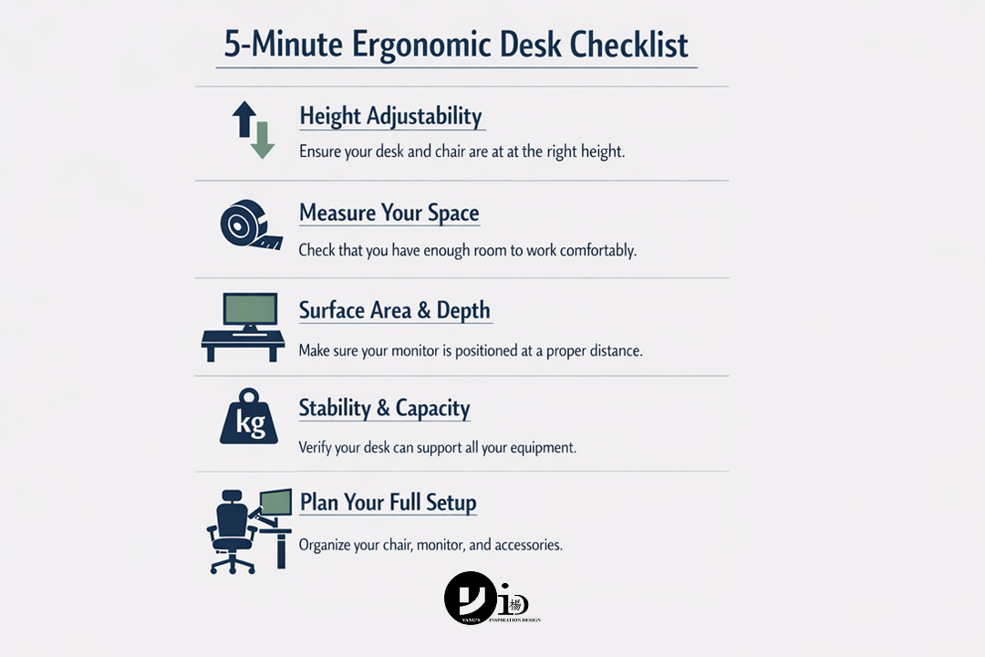 Infographic checklist showing how to choose an ergonomic office desk with icons for height, measuring tape, surface area, stability, and a full setup.