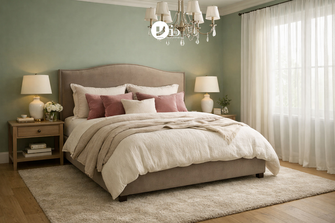 Interior Color Palettes: The Ultimate 2026 Guide to Choosing Your Perfect Scheme 3 A serene bedroom with an interior color palette of sage green, taupe, and dusty rose.