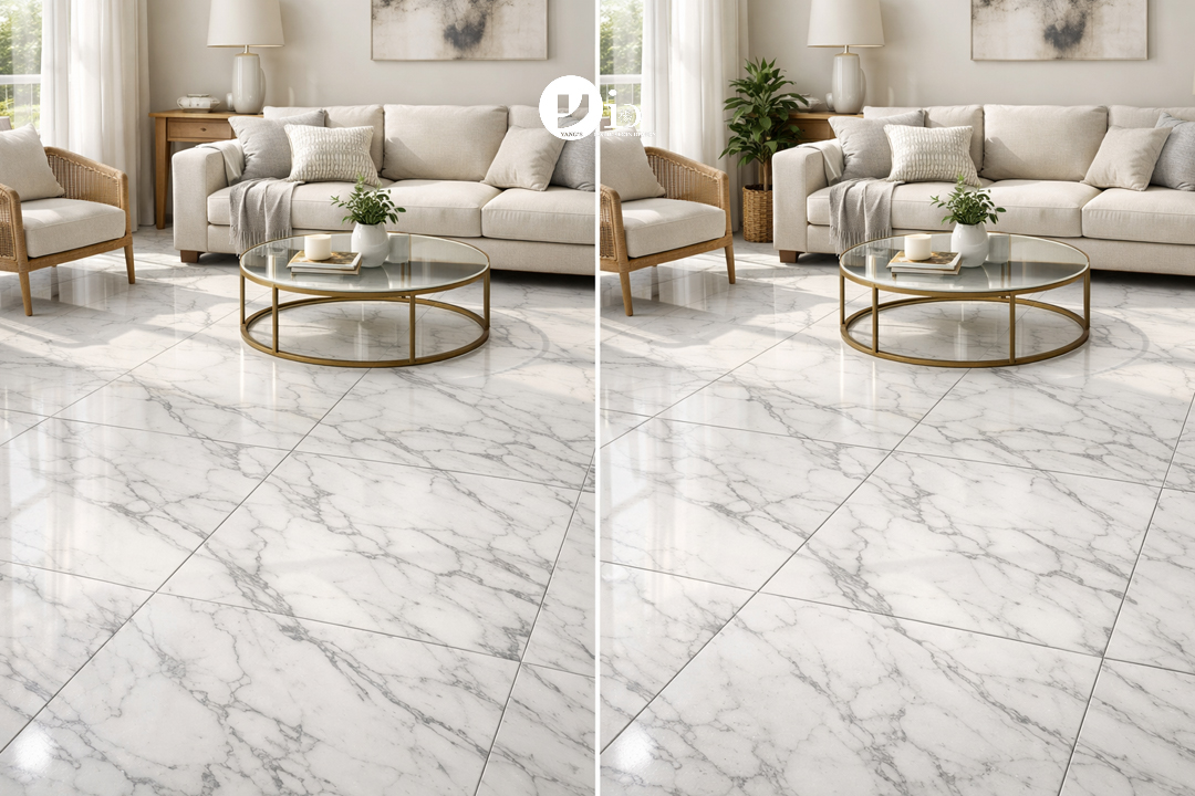Ceramic vs Marble Floor Comparison | The Final Verdict (2026) 2 A side-by-side ceramic vs marble floor comparison in a luxury living room.