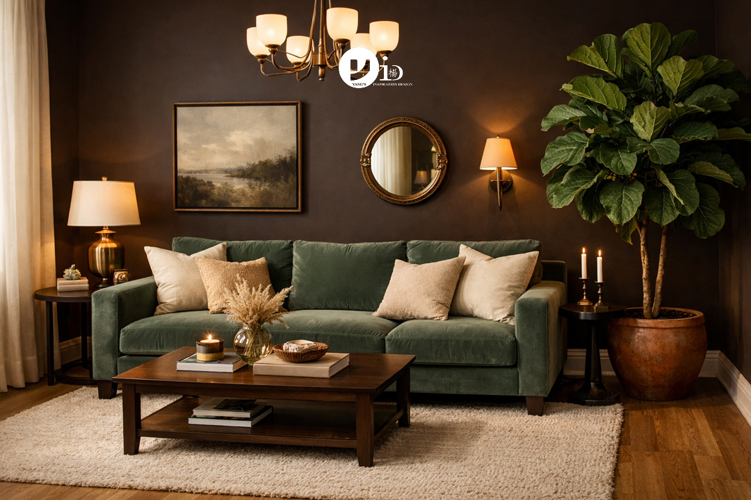 Interior Color Palettes: The Ultimate 2026 Guide to Choosing Your Perfect Scheme 4 A modern living room showcasing the 2026 interior color trend of rich brown walls and soothing green accents.