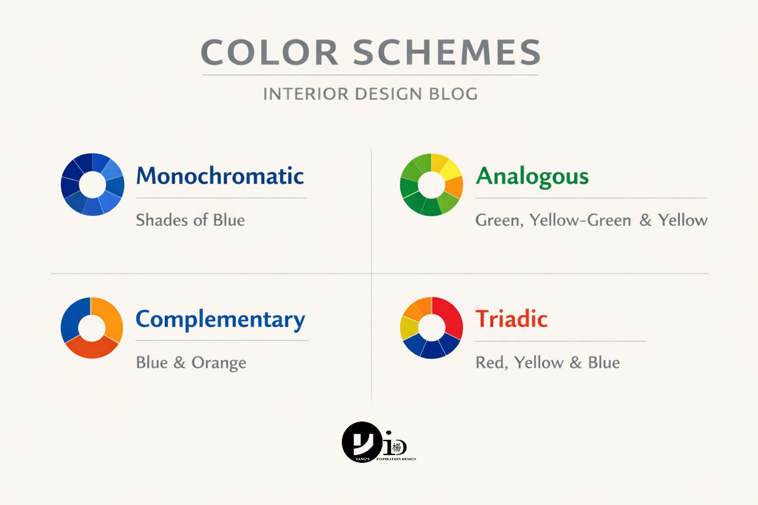 Interior Color Palettes: The Ultimate 2026 Guide to Choosing Your Perfect Scheme 2 Infographic explaining monochromatic, analogous, complementary, and triadic interior color palettes.
