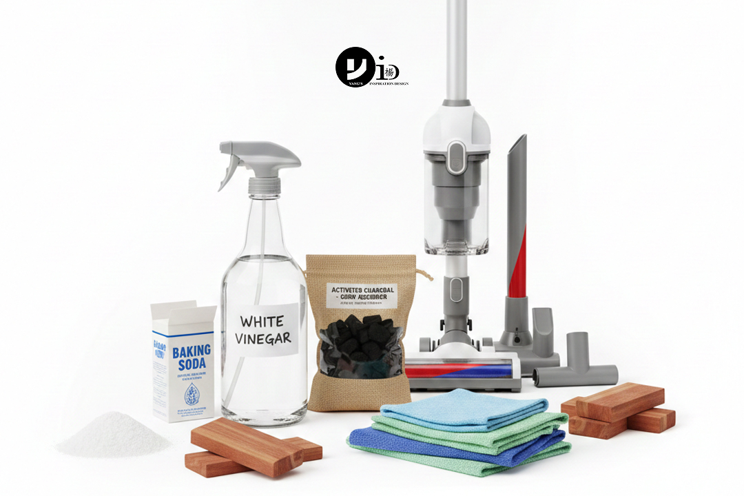A flat lay of supplies needed to remove musty odors in a closet, including vinegar, baking soda, and activated charcoal.