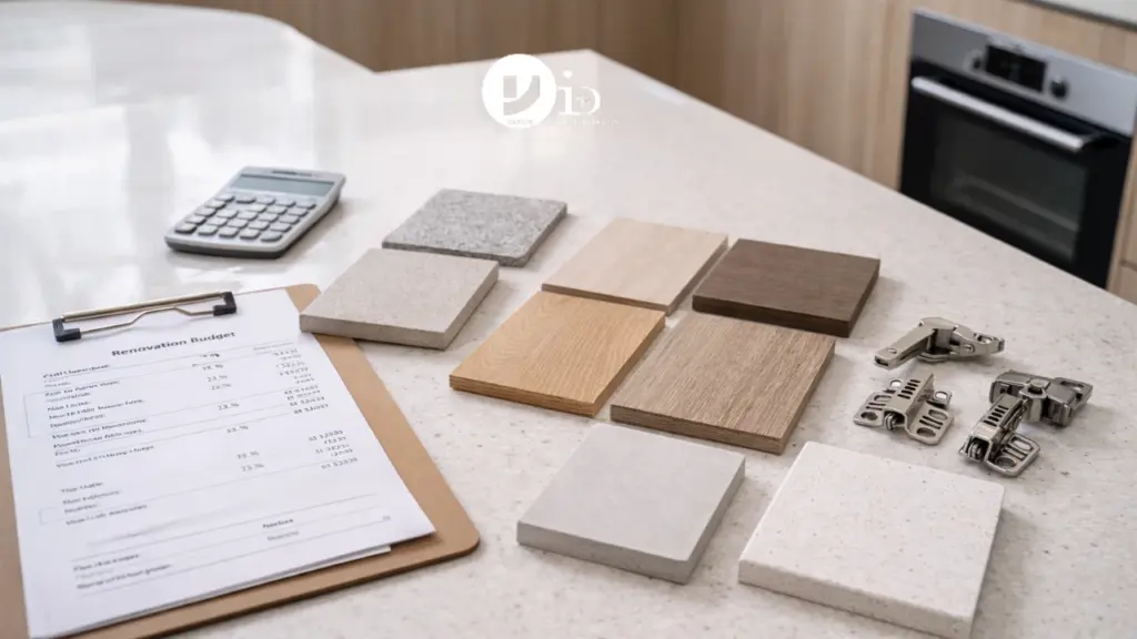 BTO Kitchen Design: Ideas, Materials & Budget Planning for Singapore Homes 2 Material samples and budget sheet laid out on a countertop for comparing options in a BTO kitchen design renovation
