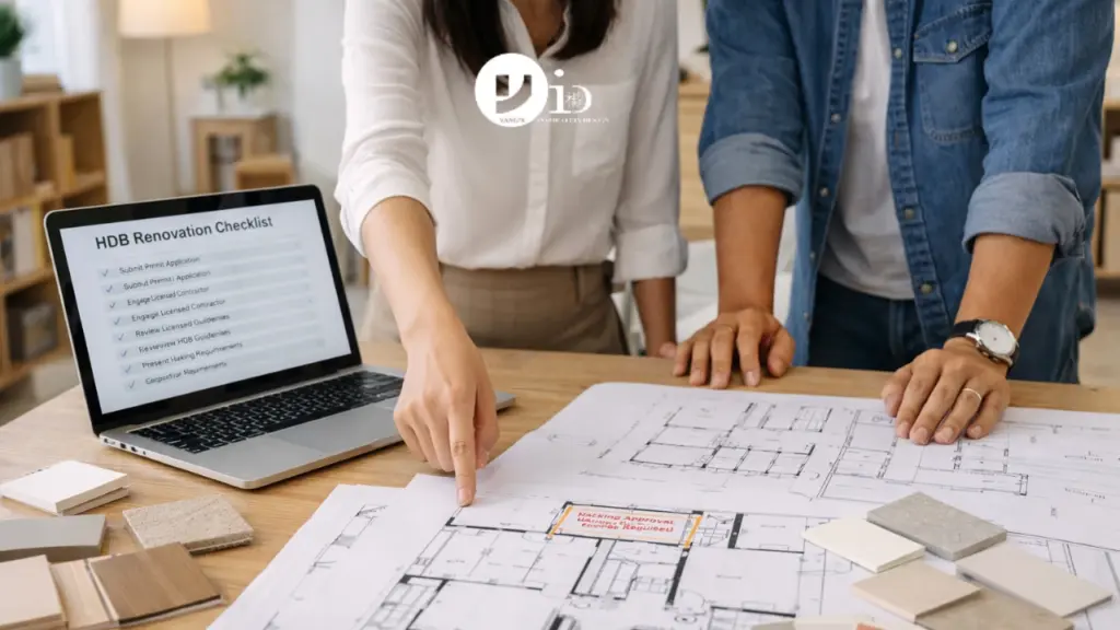 HDB Renovation Permit in Singapore: A Practical Planning Guide for Homeowners 2 Interior designer discussing floor plan adjustments with a homeowner while reviewing HDB renovation permit requirements