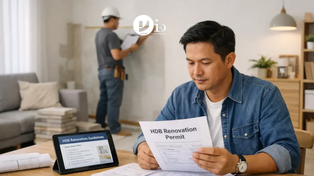 Homeowner reviewing renovation permit documents at dining table