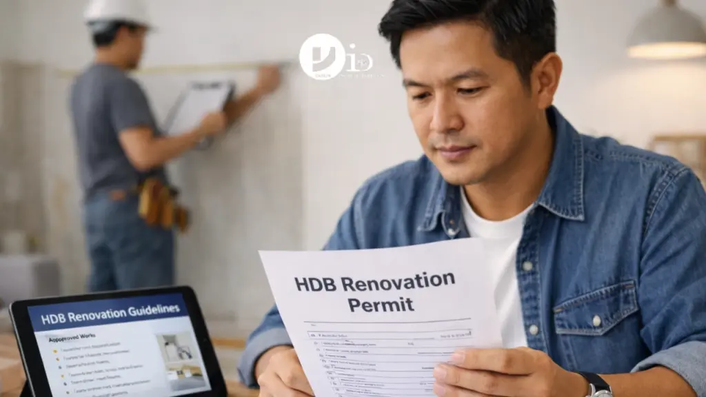 HDB Renovation Permit in Singapore: A Practical Planning Guide for Homeowners 3 A Singapore homeowner reviewing HDB renovation permit documents while planning interior renovation work in a modern flat