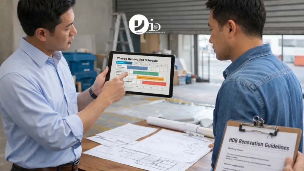 Calendar and checklist used to organize hdb renovation timing milestones in a Singapore home.