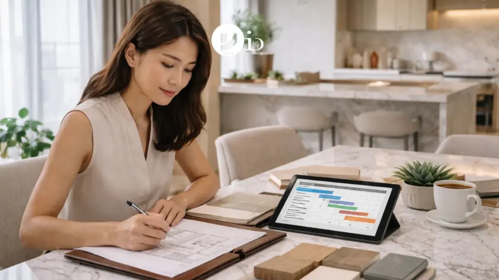 Homeowner reviewing materials and project timeline while planning hdb renovation timing in a modern Singapore HDB flat.