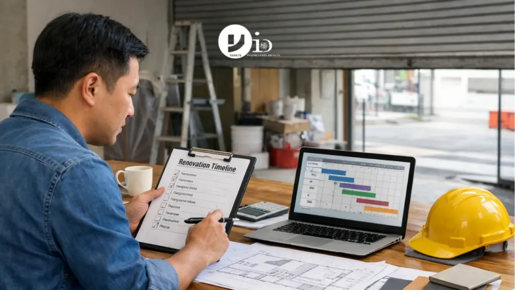 Homeowner reviewing milestone chart and digital schedule to understand hdb renovation timing requirements in Singapore.