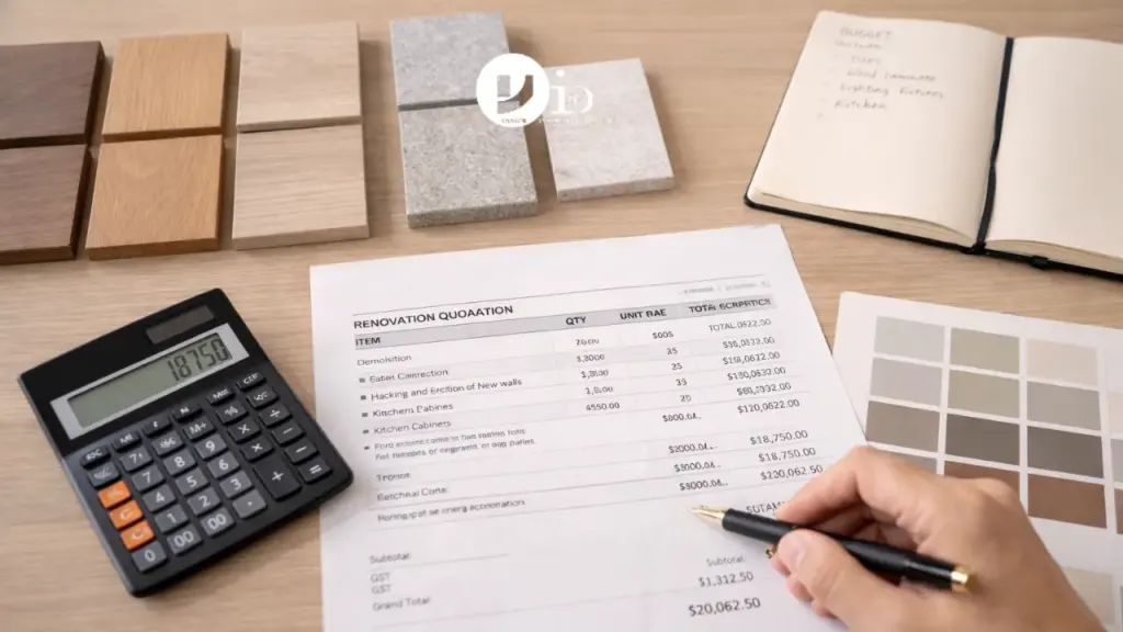 Close-up of material samples and budget documents for a 3 room HDB renovation, showing cost evaluation and planning