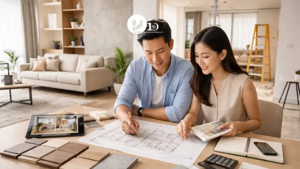 A couple reviewing plans and materials for a 3 room HDB renovation in a modern Singapore apartment, highlighting cost and design decisions