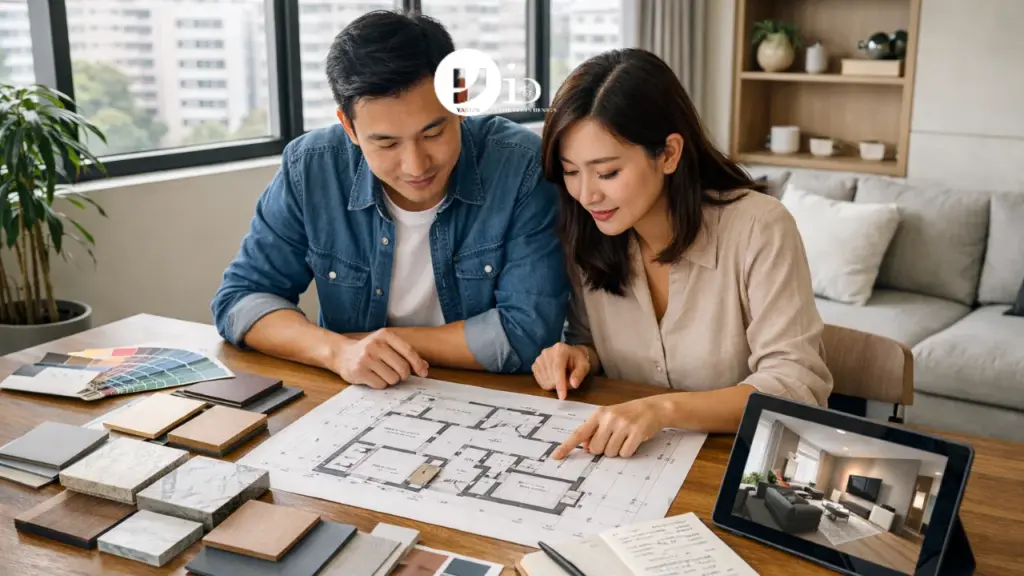 Homeowners reviewing floor plans and material samples while planning a BTO renovation 4 room interior layout in a modern Singapore apartment.