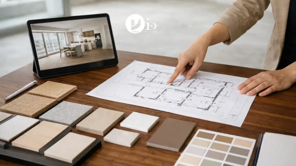 The BTO Renovation Process in Singapore: From Key Collection to Final Handover 2 Interior designer reviewing floor plans and material samples during the BTO renovation process planning phase.