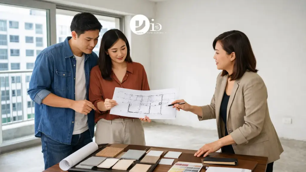 Homeowners reviewing renovation plans with an interior designer in a newly handed-over BTO flat, illustrating the early planning stage of the BTO renovation process.