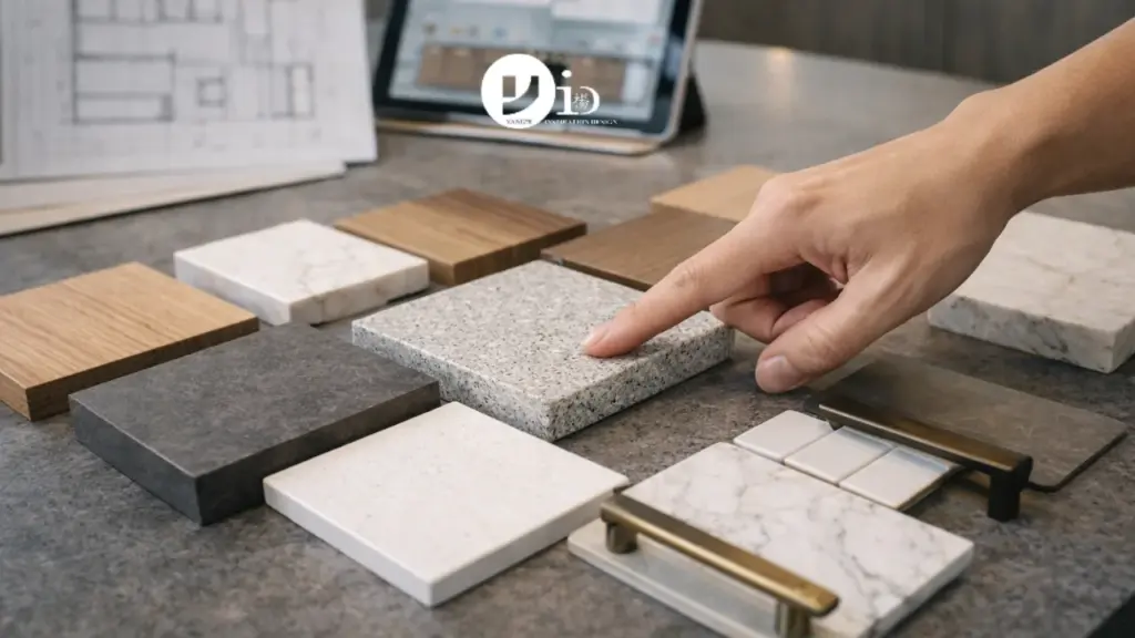 HDB Kitchen Renovation: A Strategic Guide to Layout Planning and Material Selection 2 Close-up of material samples being compared for an HDB kitchen renovation, including countertop and cabinet finishes