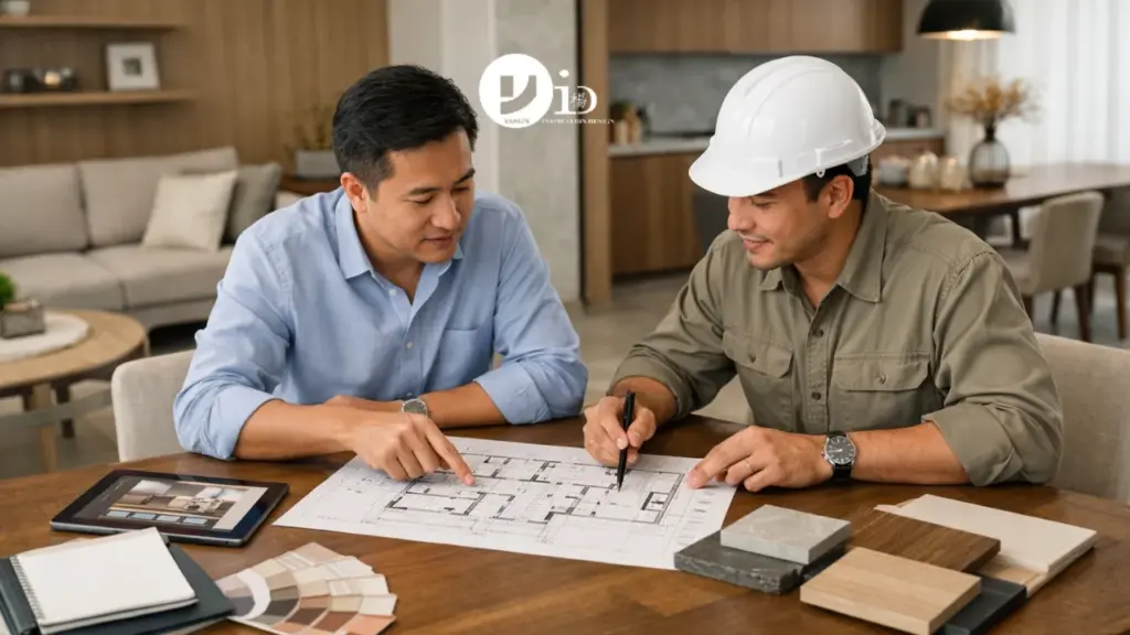Homeowner reviewing renovation plans with an hdb renovation contractor in a modern Singapore home interior