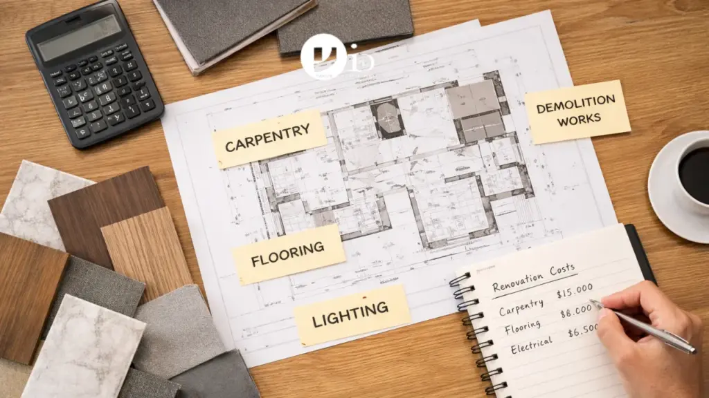 HDB Renovation Package: What Homeowners Are Really Paying For in Singapore 2 Top-down view of renovation planning documents and material samples used to evaluate the components of an HDB renovation package