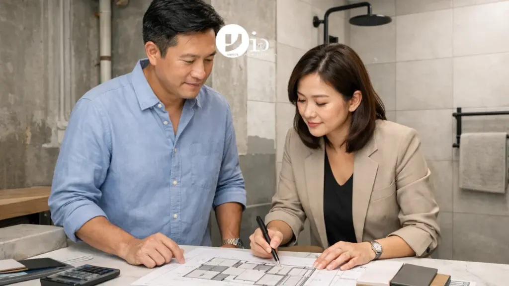 Homeowner reviewing hdb toilet renovation plans with a designer in a modern partially completed bathroom space