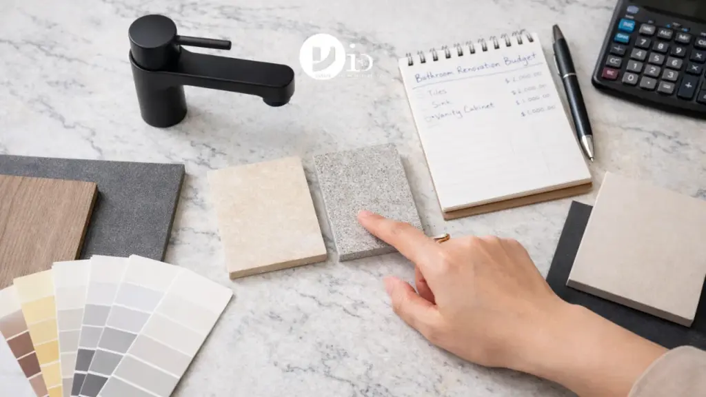 Tile samples and fixtures laid out for hdb toilet renovation planning with a focus on material and budget selection