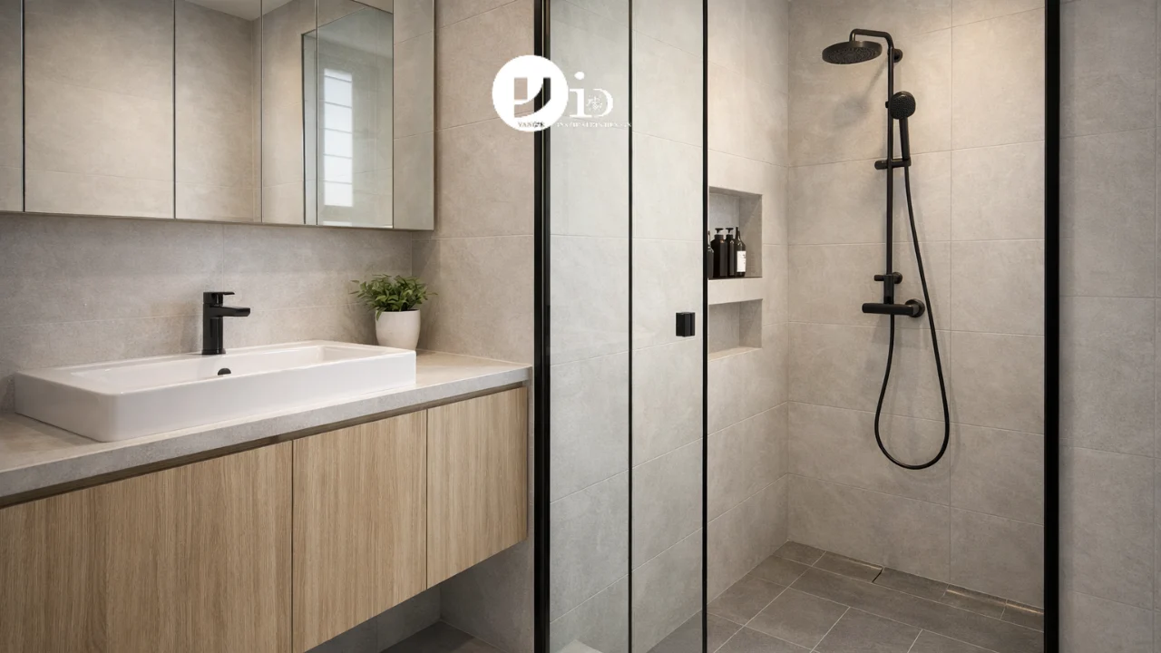 A practical bto toilet design showing wet and dry zone separation using a glass panel and modern floating vanity in a compact bathroom