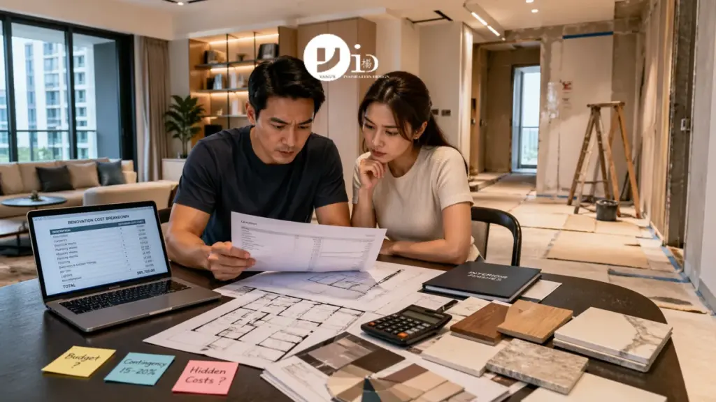 A couple reviewing renovation plans and budget in a partially completed condo, highlighting condo renovation cost considerations in Singapore