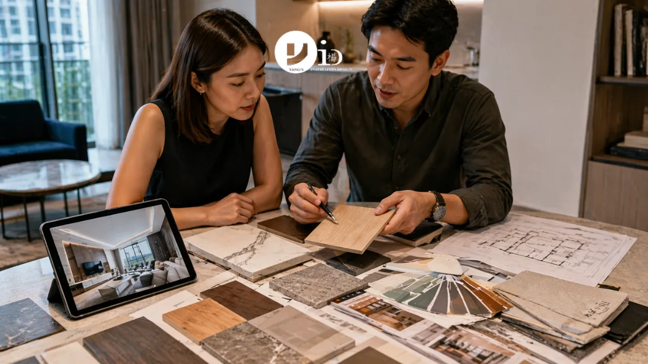 Homeowner reviewing material samples with a designer, reflecting decisions that impact condo renovation cost in Singapore