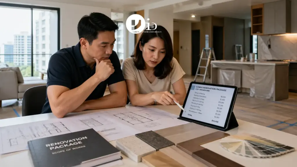 A homeowner reviews a condo renovation package with a designer in a partially completed modern Singapore apartment, comparing finishes and costs
