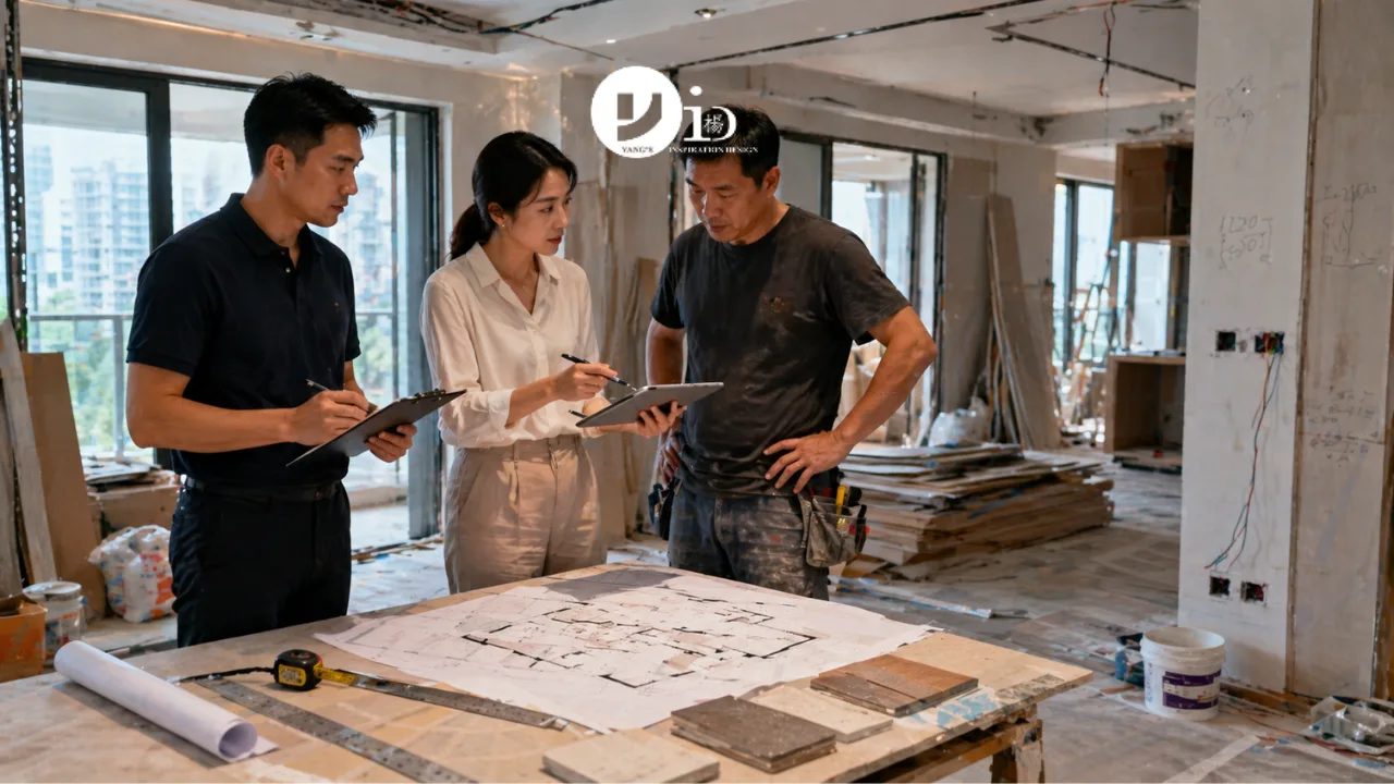Condo Renovation Timeline: Why Most Singapore Projects Take Longer Than Expected 2 Contractors and a designer coordinate tasks that impact the condo renovation timeline inside a Singapore unit